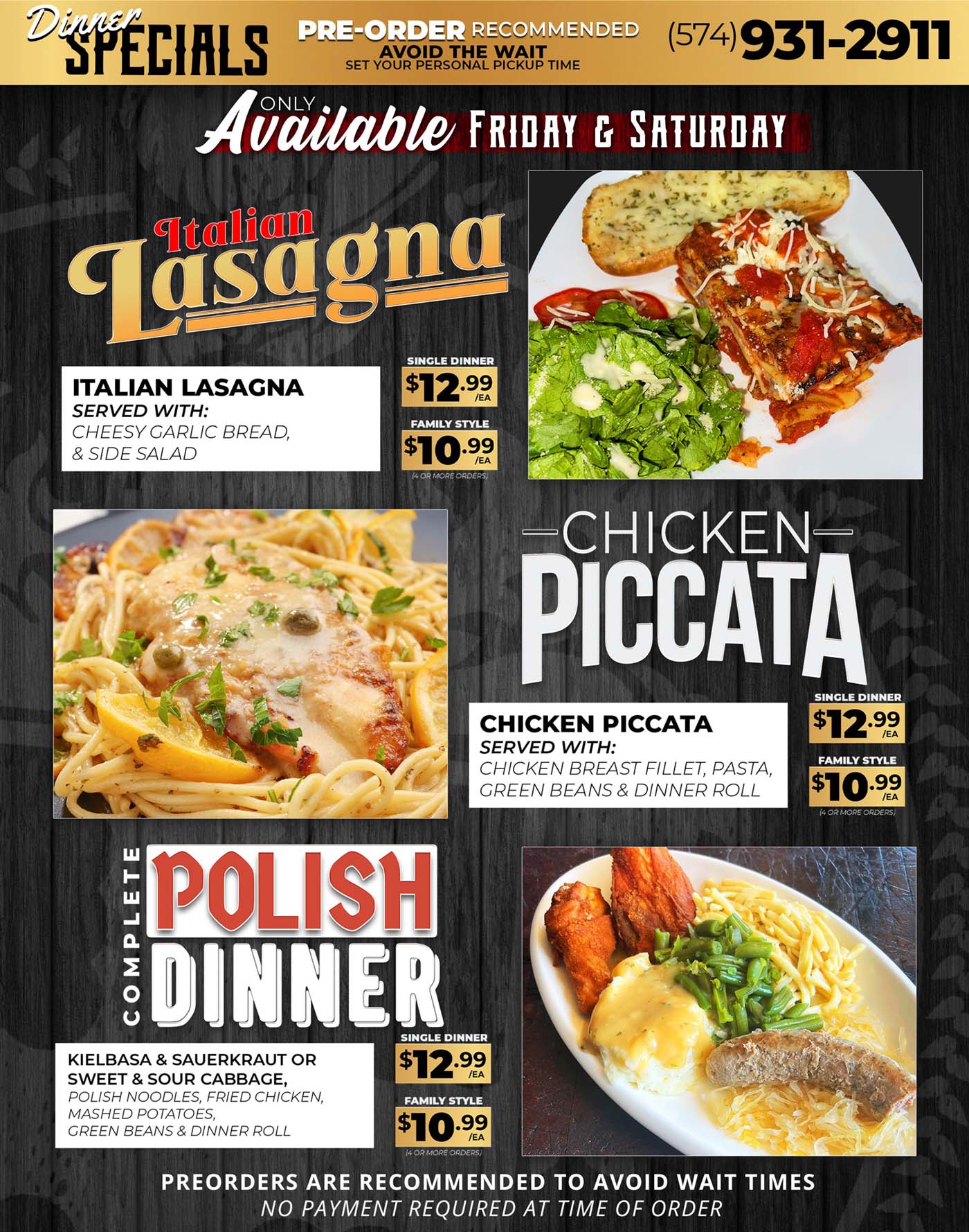 Italian Lasagna, Chicken Piccata & Polish Dinner Specials