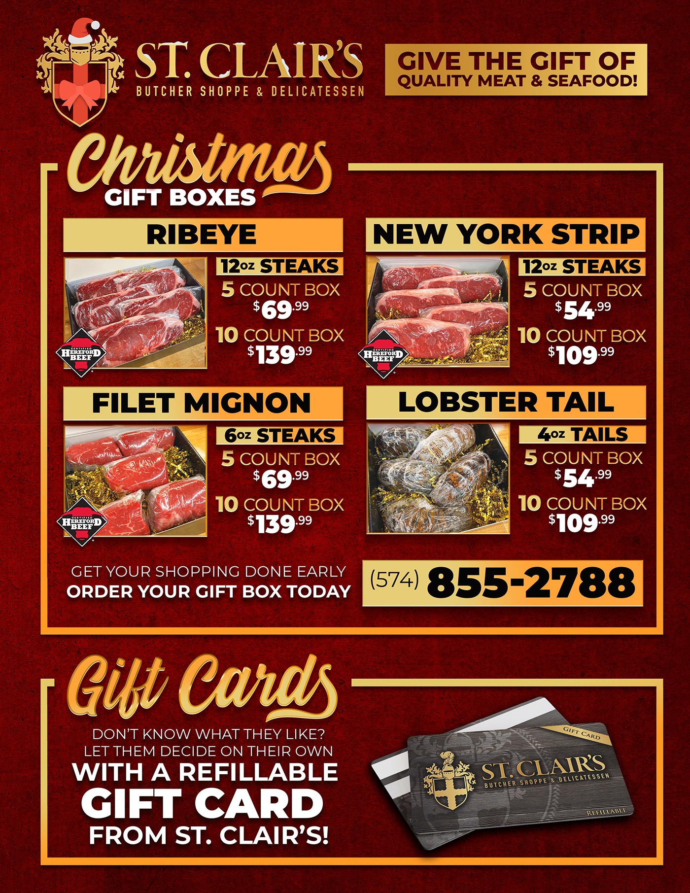 Gift Boxes of New York Strip, Filet Mignon, Salmon & Lobster